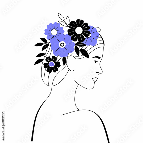 Vector woman with flowers in her hair, showcasing beauty and nature elegance