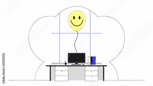 Vector cheerful yellow balloon floats above desk in bright office space, creating joyful atmosphere