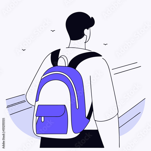 Vector young man with backpack stands on street, gazing into distance, feeling adventurous