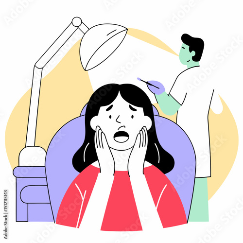 Vector young woman sits in dentist chair, looking anxious and worried about her dental appointment