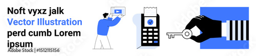 Digital card reader with receipt, person holding video thumbnail, and hand presenting key. Ideal for technology, finance, online security, e-learning, modern design, payments simple landing page