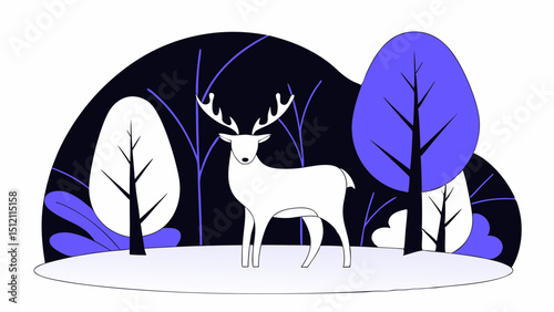 Eco-friendly Concept, Vector stylized deer stands in minimalist landscape with trees and foliage in vibrant colors