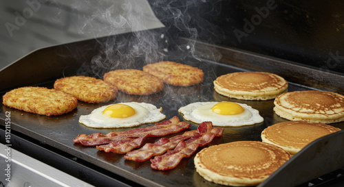 Pancakes, Eggs, Bacon, and Hashbrowns Sizzling on a Commercial Flat Top Grill