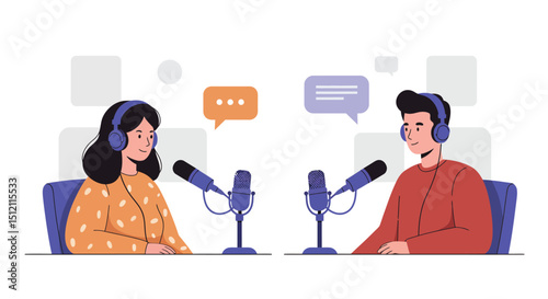 illustration featuring two individuals, a young man and an older woman, each seated at a desk with a microphone and headphones, engaged in what appears to be a podcast recording or broadcast.