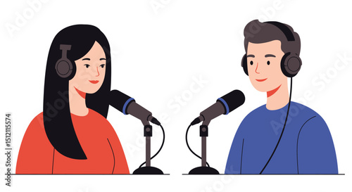 illustration featuring two individuals, a young man and an older woman, each seated at a desk with a microphone and headphones, engaged in what appears to be a podcast recording or broadcast.