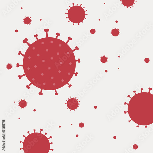 Flat vector illustration of multiple red virus cells scattered across a light background. Ideal for pandemic awareness, viral transmission visuals, or healthcare graphics.