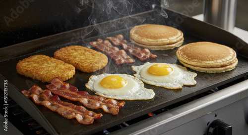 Breakfast Cooking on a Flat Top Grill with Pancakes, Eggs, Hash Browns and Bacon