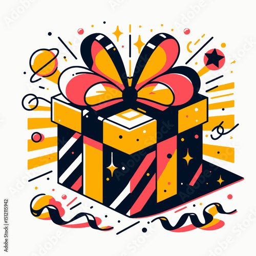  vibrant, abstract gift box illustration with yellow and pink patterns, stars, and ribbons, ideal for celebration or marketing websites and blogs.