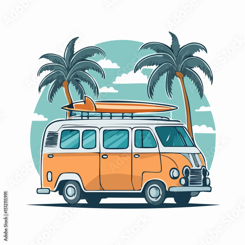Surf Kombi with Palm Trees – Tropical Road Trip Vector