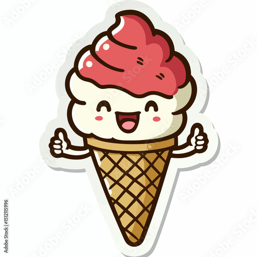 A happy cartoon ice cream cone giving two thumbs up, perfect for food, dessert, or summer-themed websites and blogs.