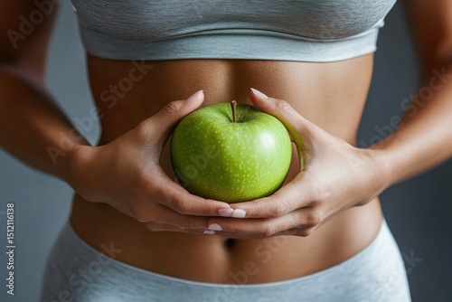 Fit Woman Holding Green Apple in Activewear photo