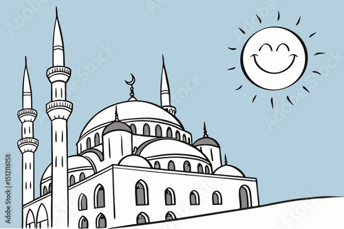 Simple mosque silhouette with smiling sun, 2D flat design