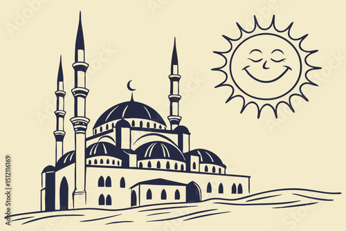 Simple mosque silhouette with smiling sun, 2D flat design