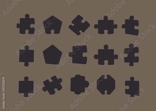 Collection of Dark Puzzle Pieces on a Brown Background Illustrating Concepts of Problem Solving Strategy and Completeness with a Variety of Shapes and Orientations for Creative Design