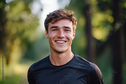 Smiling man running on summer park trail