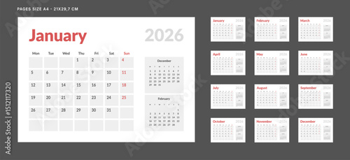 2026 Calendar Planner Set of Template 12 Monthly Page for Company or Personal use. Vector layout of a wall or desk organizer with week start Monday for print. Page for size A4-21x29.7cm
