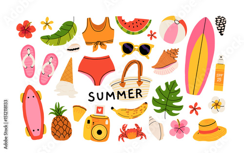 Set of summer stickers. Icons for tropical vacation. Flat vector seasonal collection with ice cream, pineapple, tropic leaves, plumeria, watermelon, surfboard, beach accessories, swimsuit