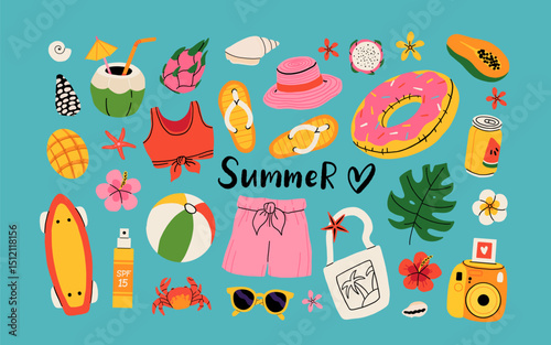 Set of summer stickers. Icons for tropical vacation. Flat vector seasonal collection with ice cream, pineapple, tropic leaves, plumeria, watermelon, surfboard, beach accessories, swimsuit