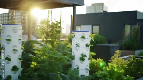 Lush Rooftop Garden Featuring Vertical Planters and Raised Beds with Leafy Green Plants in an Urban Setting under Bright Sunlight with a Clear Blue Sky