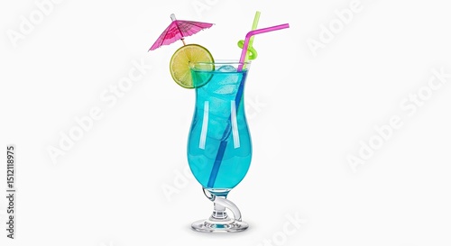 Refreshing Tropical Blue Lagoon Cocktail Curved Glass Small Umbrella Summer Holiday Vibe