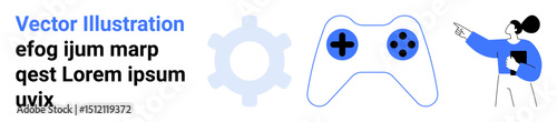 Gaming controller, gear icon, and person pointing at text symbolizing gaming, tech, and collaboration. Ideal for gaming industry, tech startups, development, teamwork tutorials education simple
