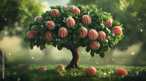Watermelon tree with a bunch of growing mature Watermelon