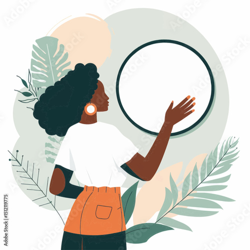 An illustration of a Black woman interacting with a blank circle, surrounded by tropical leaves. Ideal for websites/blogs on self-care, wellness, or personal growth.