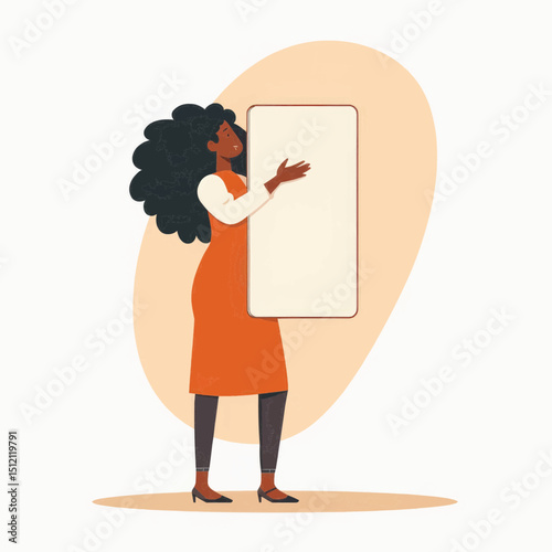 An illustration of a person with dark, curly hair standing beside a large blank phone screen, useful for mobile technology or app-related content.