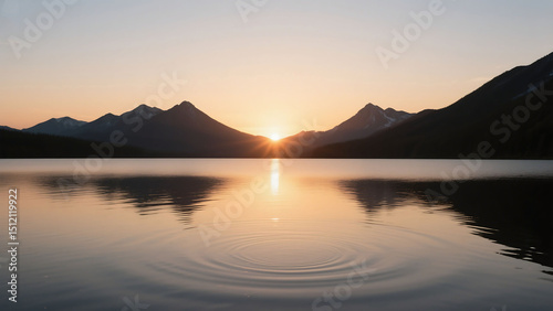 Fototapeta Naklejka Na Ścianę i Meble -  a serene landscape with mountains silhouetted against a beautiful sunset sky, reflected in a calm lake, breathtaking natural scenery, tranquil atmosphere, cinematic lighting, realistic, highly detaile