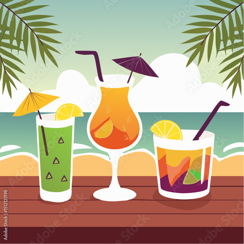 Vector art of summer cocktails—mojito, piña colada, margarita—in vibrant glasses with fruit garnishes, ice, citrus slices, palm leaves on a beachy wood table. Tropical vibe!