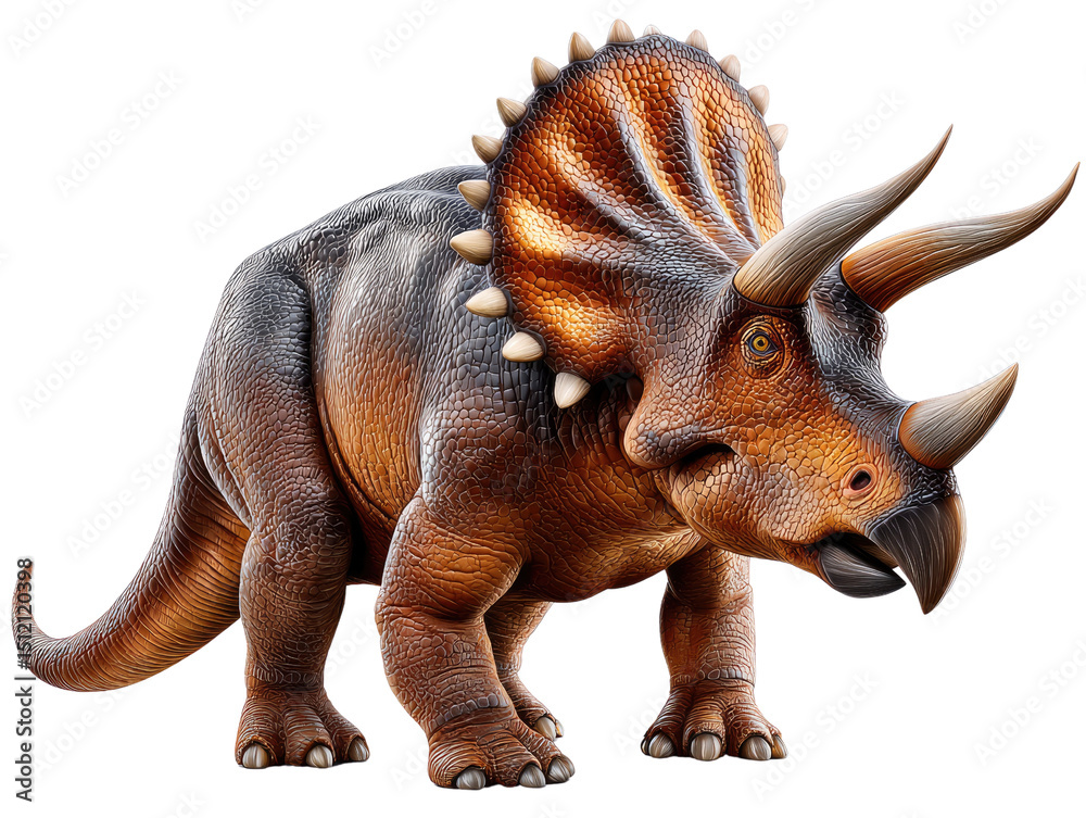 Fototapeta premium Triceratops: An imposing Triceratops, a herbivorous dinosaur, captured in striking detail, displaying its unique frill and formidable horns, a testament to prehistoric majesty.