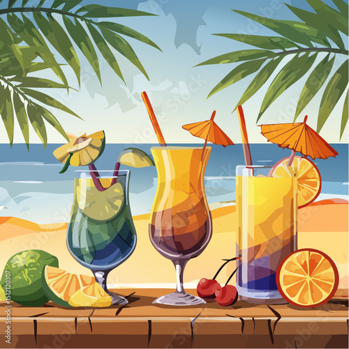 Vector art of summer cocktails—mojito, piña colada, margarita—in vibrant glasses with fruit garnishes, ice, citrus slices, palm leaves on a beachy wood table. Tropical vibe!