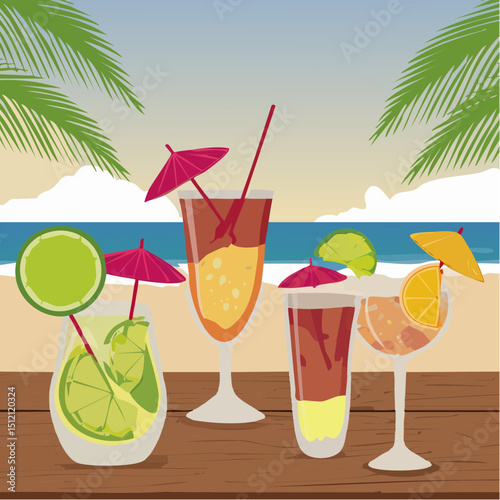 Vector art of summer cocktails—mojito, piña colada, margarita—in vibrant glasses with fruit garnishes, ice, citrus slices, palm leaves on a beachy wood table. Tropical vibe!
