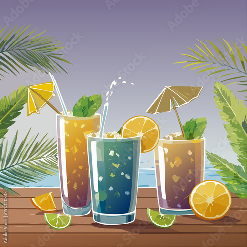 Vector art of summer cocktails—mojito, piña colada, margarita—in vibrant glasses with fruit garnishes, ice, citrus slices, palm leaves on a beachy wood table. Tropical vibe!