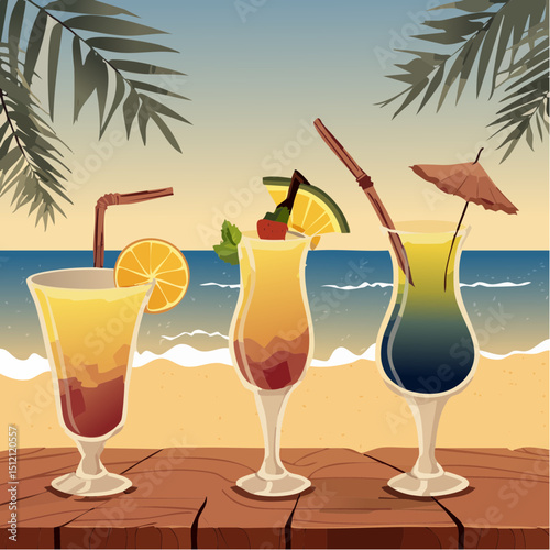 Vector art of summer cocktails—mojito, piña colada, margarita—in vibrant glasses with fruit garnishes, ice, citrus slices, palm leaves on a beachy wood table. Tropical vibe!