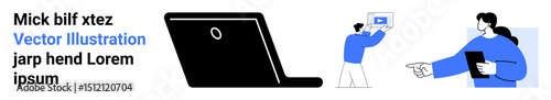 Laptop, two individuals collaborating, presenting ideas visually. Ideal for teamwork, communication, productivity, education, creativity, presentations simple landing page