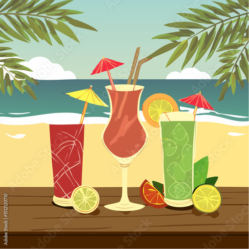 Vector art of summer cocktails—mojito, piña colada, margarita—in vibrant glasses with fruit garnishes, ice, citrus slices, palm leaves on a beachy wood table. Tropical vibe!