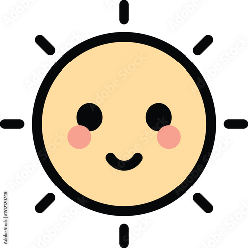Smiling sun-shaped face icon with glowing rays and pink cheeks