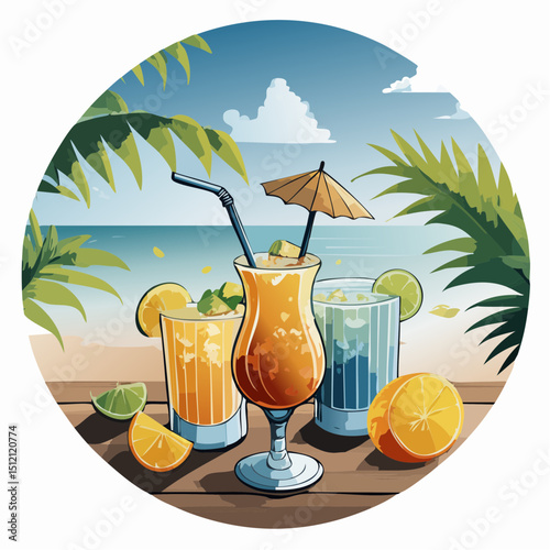 Vector art of summer cocktails—mojito, piña colada, margarita—in vibrant glasses with fruit garnishes, ice, citrus slices, palm leaves on a beachy wood table. Tropical vibe!