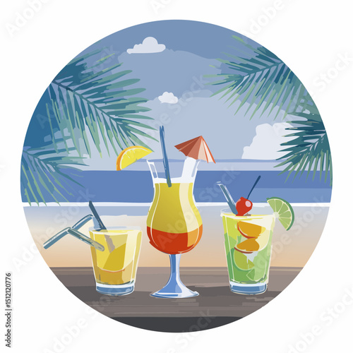 Vector art of summer cocktails—mojito, piña colada, margarita—in vibrant glasses with fruit garnishes, ice, citrus slices, palm leaves on a beachy wood table. Tropical vibe!