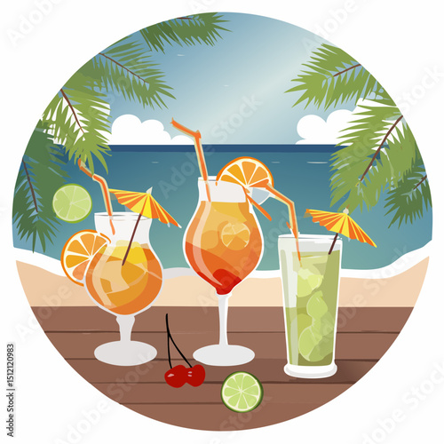 Vector art of summer cocktails—mojito, piña colada, margarita—in vibrant glasses with fruit garnishes, ice, citrus slices, palm leaves on a beachy wood table. Tropical vibe!