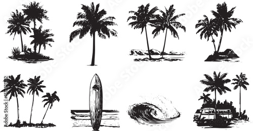 set of silhouette palm trees, palm tree set line art silhouette vector illustration, tropical coconut, palm tree silhouette and transparent background.
