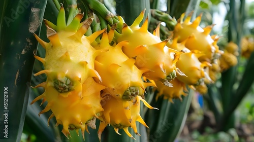 Yellow dragon fruit tree with a bunch of growing mature Yellow dragon fruit