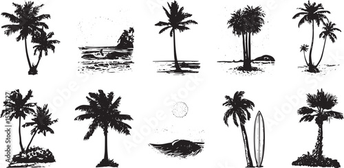 Set of Palm Tree Silhouette Illustrations, palm tree set line art silhouette vector illustration, Palm trees silhouette. Vector set tropical trees. Isolated and Transparent background 