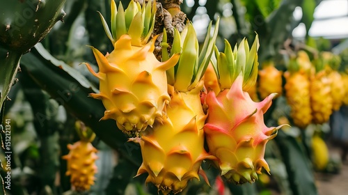Yellow dragon fruit tree with a bunch of growing mature Yellow dragon fruit