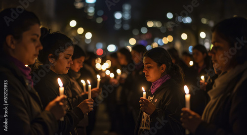 Latino Women Holding Candles at Night in Remembrance and Protest, Selective Focus