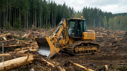 A bulldozer moves debris in a deforested area amid felled trees and forest remains.