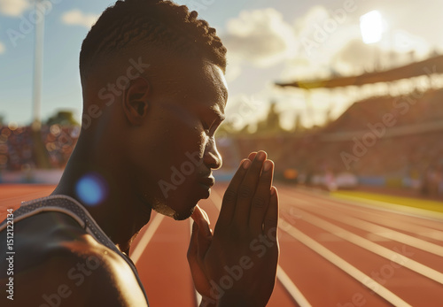 African American athlete prays before sporting event. Sport, competitions, running
