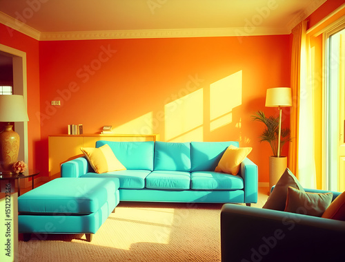 Interior of living room with blue sofa 3d rendering
