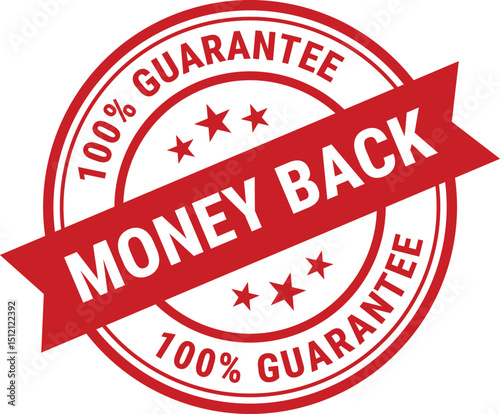 100% Money Back Guarantee Seal - Red Circular Emblem with Stars and Bold Text for Refund Policy, Risk-Free Purchase, Customer Assurance, Quality Trust, Reliable Commitment, and Secure Shopping Confide